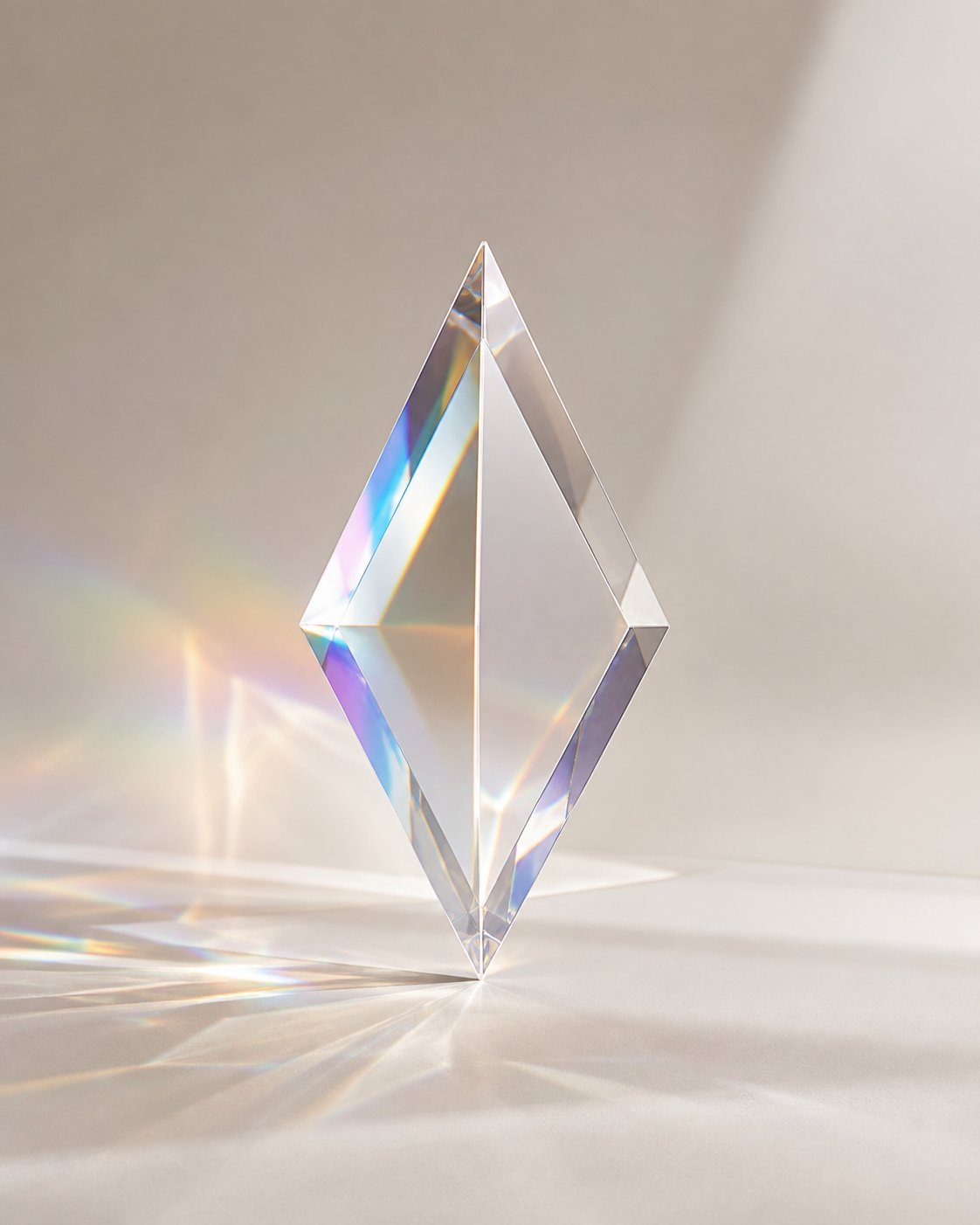 Clear crystal prism refracting light into rainbow colors on neutral beige background