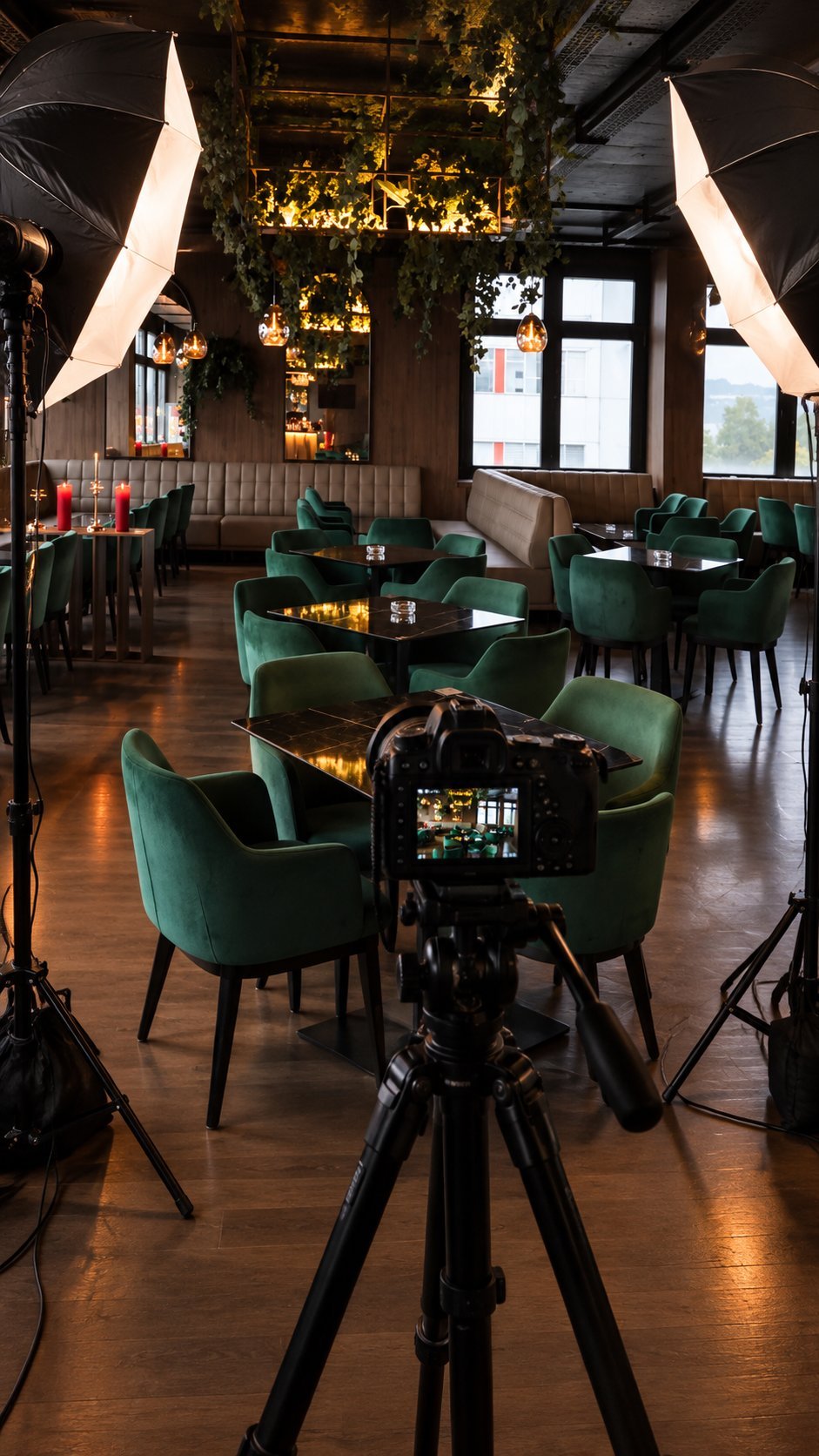 Film camera on tripod capturing modern lounge with green velvet chairs, warm lighting, and hanging plants