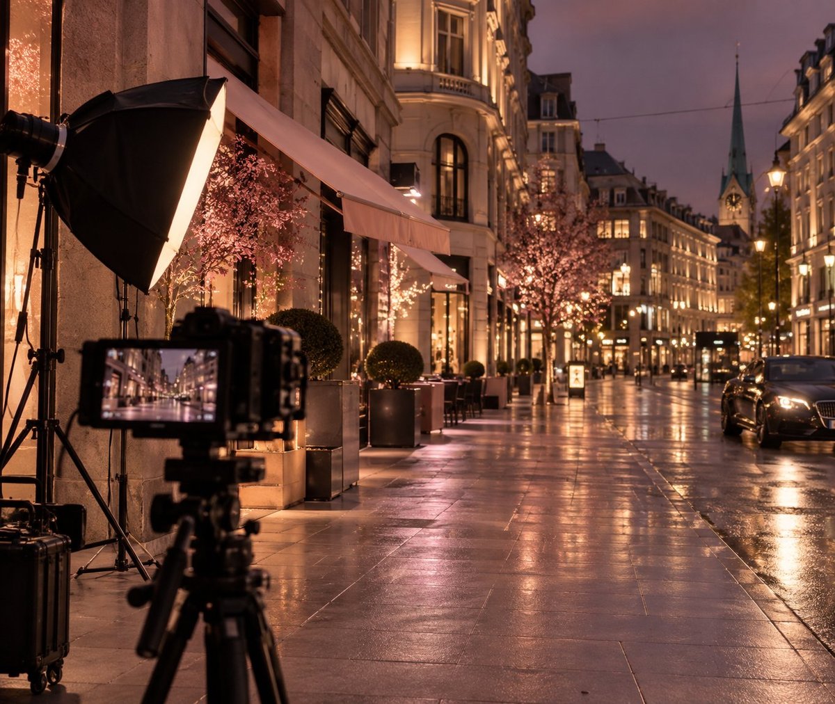 Film camera and lighting equipment set up on a wet city street at dusk, with illuminated historic buildings in background