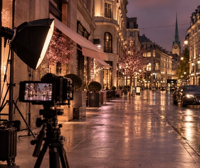 Film camera and lighting equipment set up on a wet city street at dusk, with illuminated historic buildings in background